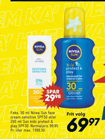 Bilka 50 ml Nivea Sun face cream sensitive SPF50 eller 200 ml Sun kids protect & play SPF30 tilbud