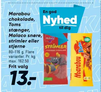 Bilka Marabou chokolade, Toms stænger, Malaco snøre, strimler eller stjerne tilbud