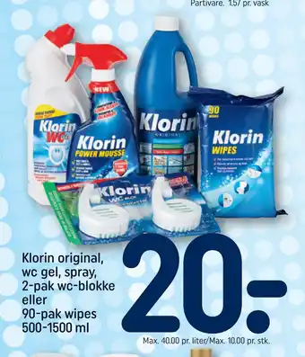 Rema 1000 Klorin original, wc gel, spray, 2-pak wc-blokke eller 90-pak wipes 500-1500 ml tilbud