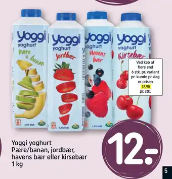 Rema 1000 Yoggi yoghurt Pære/banan, jordbær, havens bær eller kirsebær 1 kg tilbud