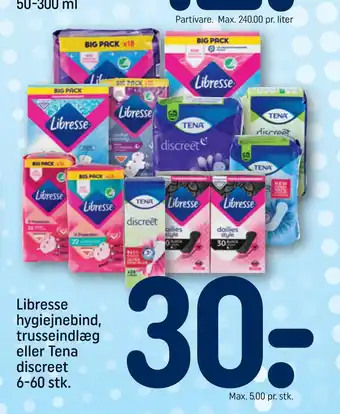Libresse hygiejnebind, trusseindlæg eller Tena discreet 6-60 stk