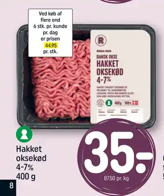 REMA 1000 Hakket oksekød 4-7% 400 g tilbud