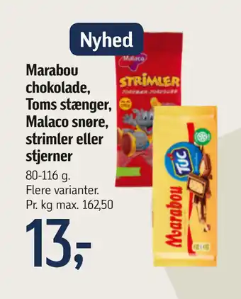 Føtex Marabou chokolade, Toms stænger, Malaco snøre, strimler eller stjerner tilbud