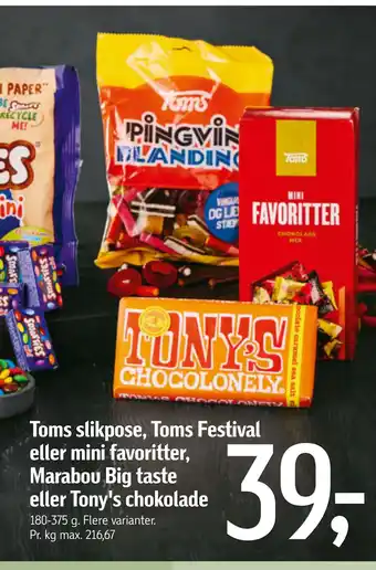 Føtex Toms slikpose, Toms Festival eller mini favoritter, Marabou Big taste eller Tony's chokolade tilbud