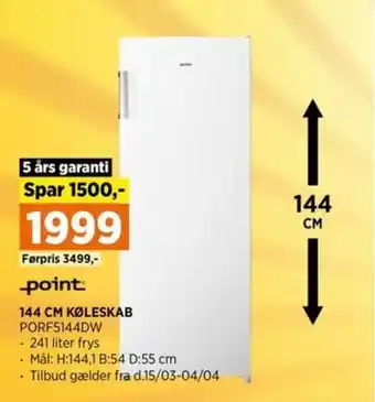 Power 144 CM KØLESKAB PORF5144DW tilbud