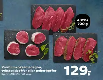 Kvickly Premium oksemedaljon, tykstegsbøffer eller peberbøffer tilbud
