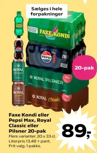 Kvickly Faxe Kondi eller Pepsi Max, Royal Classic eller Pilsner 20-pak tilbud