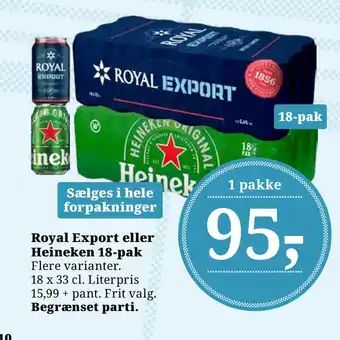 Dagli'Brugsen Royal Export eller Heineken 18-pak tilbud