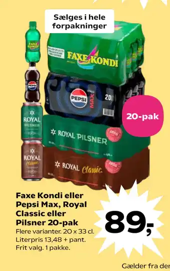 SuperBrugsen Faxe Kondi eller Pepsi Max, Royal Classic eller Pilsner 20-pak tilbud