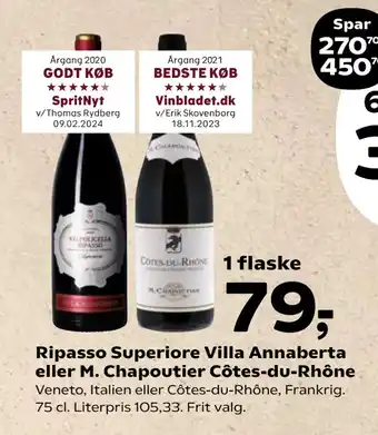 SuperBrugsen Ripasso Superiore Villa Annaberta eller M. Chapoutier Côtes-du-Rhône tilbud