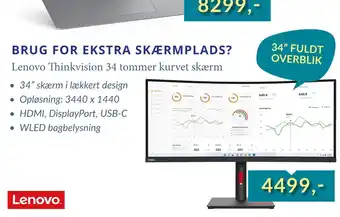 Tjdata Lenovo Thinkvision 34 tommer kurvet skærm tilbud