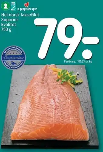 REMA 1000 Hel Norsk Laksefilet Superior Kvalitet 750 g tilbud