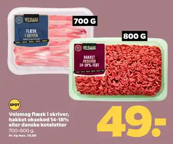 Netto Velsmag flæsk i skriver, hakket oksekød 14-18% eller danske koteletter tilbud