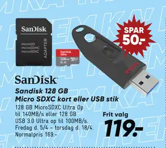 Bilka Sandisk 128 GB Micro SDXC kort eller USB stik tilbud