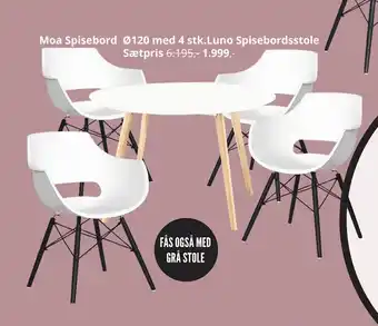 My Home Moa Spisebord Ø120 med 4 stk.Luno Spisebordsstole Sætpris tilbud