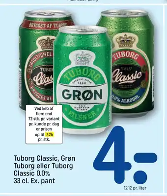 REMA 1000 Tuborg Classic, Grøn Tuborg eller Tuborg Classic 0.0% 33 cl. Ex. pant tilbud