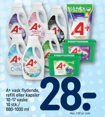 REMA 1000 A+ vask flydende, refill eller kapsler 10-17 vaske tilbud