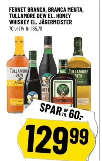 Løvbjerg FERNET BRANCA, BRANCA MENTA, TULLAMORE DEW EL. HONEY WHISKEY EL. JÄGERMEISTER tilbud
