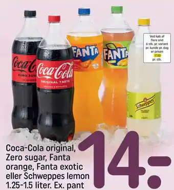 REMA 1000 Coca-Cola original, Zero sugar, Fanta orange, Fanta exotic eller Schweppes lemon tilbud