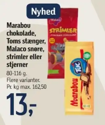Føtex Marabou chokolade, Toms stænger, Malaco snøre, tilbud