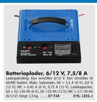 Biltema Batterioplader, 6/12 V, 7,5/8 A tilbud