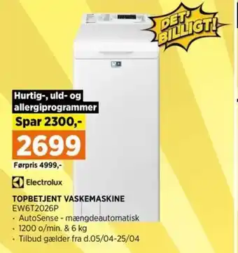 Power TOPBETJENT VASKEMASKINE EW6T2026P tilbud