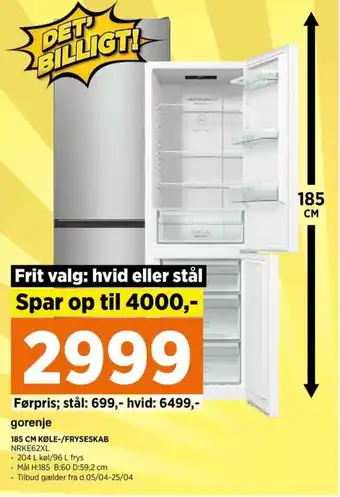 Power 185 CM KØLE-/FRYSESKAB NRKE62XL tilbud