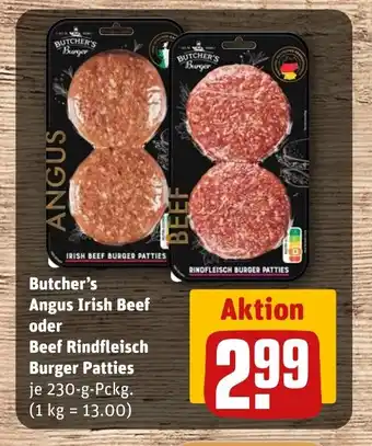 REWE DE Butcher's Angus Irish Beef oder Beef Rindfleisch Burger Patties tilbud