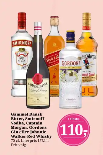 Dagli'Brugsen Gammel Dansk Bitter, Smirnoff Vodka, Captain Morgan, Gordons Gin eller Johnnie Walker Red Whisky tilbud