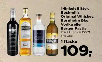 Kvickly 1-Enkelt Bitter, Bushmills Original Whiskey, Bornholm Øko Vodka eller Berger Pastis tilbud