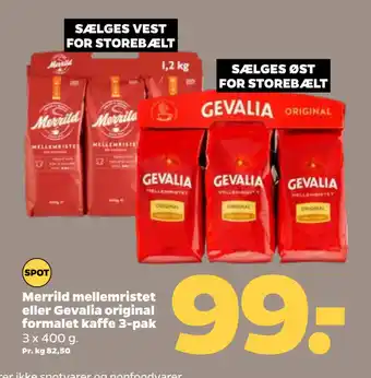 Netto Merrild mellemristet eller Gevalia original formalet kaffe 3-pak tilbud