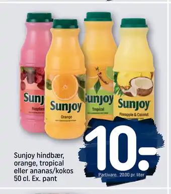 Rema 1000 Sunjoy hindbær, orange, tropical eller ananas/kokos 50 cl. Ex. pant tilbud