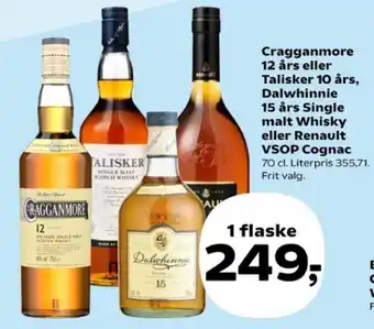 Kvickly Cragganmore 12 års eller Talisker 10 års, Dalwhinnie 15 års Single malt Whisky eller Renault VSOP Cognac tilbud