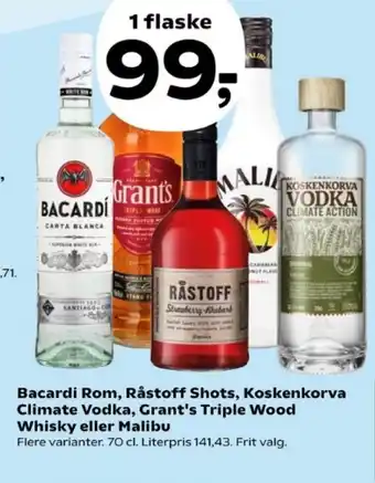 Kvickly Bacardi Rom, Råstoff Shots, Koskenkorva Climate Vodka, Grant's Triple Wood Whisky eller Malibu tilbud