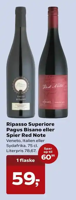 Dagli'Brugsen Ripasso Superiore Pagus Bisano eller Spier Red Note tilbud