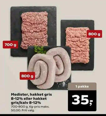 Medister, hakket gris 8-12% eller hakket gris/kalv 8-12%