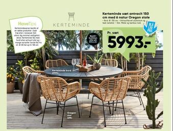 Bilka Kerteminde sæt antracit 150 cm med 6 natur Oregon stole tilbud