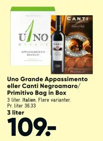 Bilka Uno Grande Appassimento eller Canti Negroamaro/ Primitivo Bag in Box tilbud
