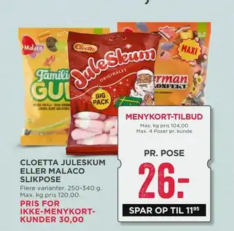 MENY Cloetta juleskum eller malaco slikpose tilbud
