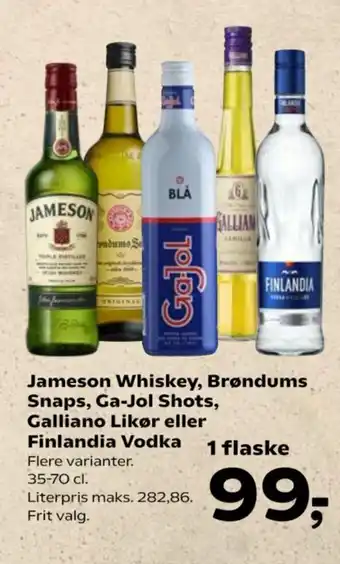 Kvickly Jameson Whiskey, Brøndums Snaps, Ga-Jol Shots, Galliano Likør eller Finlandia Vodka tilbud