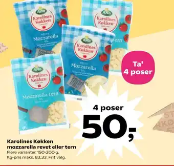 Kvickly Karolines Køkken mozzarella revet eller tern tilbud