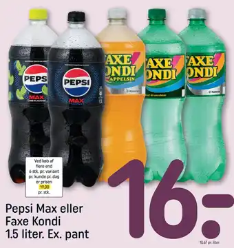 Rema 1000 Pepsi Max eller Faxe Kondi 1.5 liter tilbud