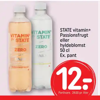 Rema 1000 STATE vitamin+ Passionsfrugt eller hyldeblomst 50 cl Ex. pant tilbud