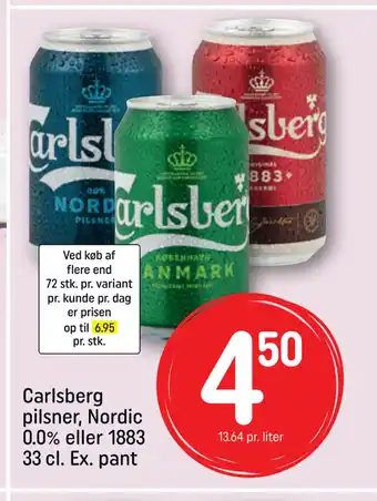 Rema 1000 Carlsberg pilsner, Nordic 0.0% eller 1883 33 cl. Ex. pant tilbud