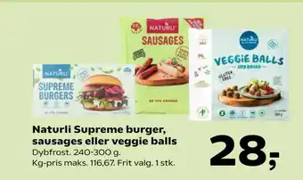 SuperBrugsen Naturli Supreme burger, sausages eller veggie balls tilbud