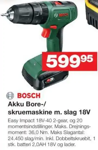 Bauhaus BOSCH Akku Bore-/ skruemaskine m. slag 18V tilbud