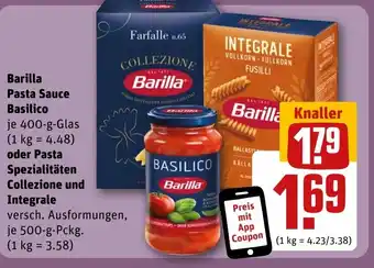 REWE DE Barilla Pasta Sauce Basilico oder Pasta Spezialitäten Collezione und Integrale tilbud