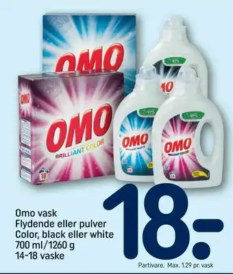 REMA 1000 Omo vask Flydende eller pulver Color, black eller white 700 ml/1260 g 14-18 vaske tilbud