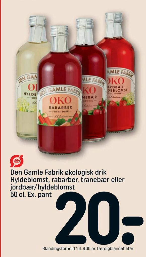 Den Gamle Fabrik økologisk drik Hyldeblomst, rabarber, tranebær eller ...