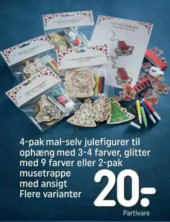 REMA 1000 4-pak mal-selv julefigurer til ophæng med 3-4 farver, glitter med 9 farver eller 2-pak musetrappe med ansigt tilbud